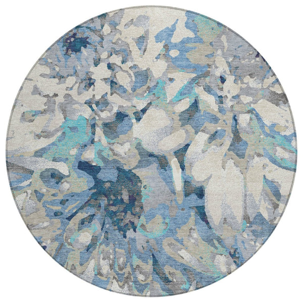 HomeRoots 8' Round Floral Area Rug in Denim Blue, Gray & Ivory – Washable, Durable for Indoor/Outdoor Use 660453