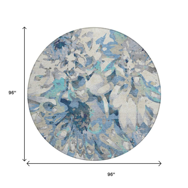 HomeRoots 8' Round Floral Area Rug in Denim Blue, Gray & Ivory – Washable, Durable for Indoor/Outdoor Use 660453