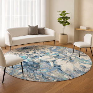 HomeRoots 8' Round Floral Area Rug in Denim Blue, Gray & Ivory – Washable, Durable for Indoor/Outdoor Use 660453
