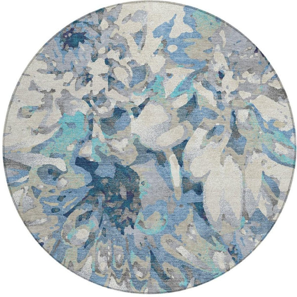 HomeRoots 8' Round Floral Area Rug in Denim Blue, Gray & Ivory – Washable, Durable for Indoor/Outdoor Use 660453