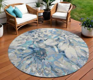 HomeRoots 8' Round Floral Area Rug in Denim Blue, Gray & Ivory – Washable, Durable for Indoor/Outdoor Use 660453