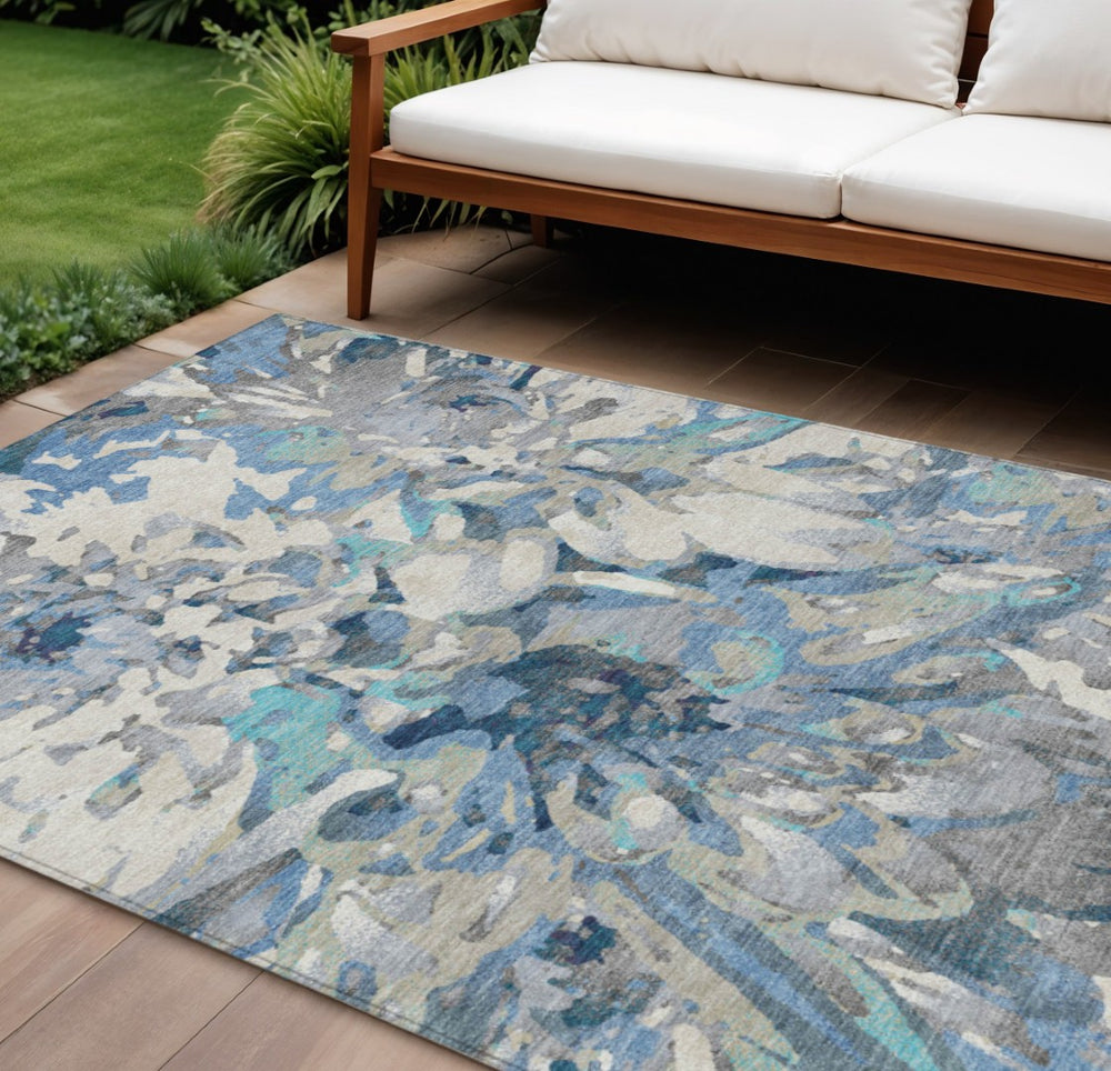 HomeRoots 8' X 10' Floral Denim Blue Gray Ivory Area Rug – Durable, Washable, Perfect for Indoor & Outdoor Use! 660454