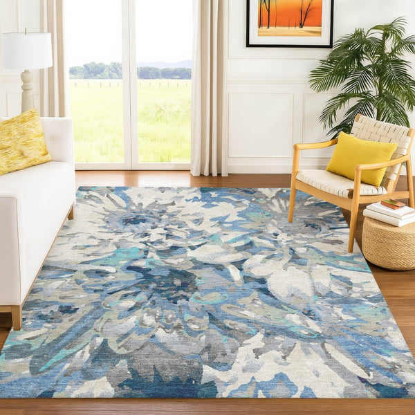 HomeRoots 10' Floral Denim Blue and Gray Washable Area Rug - Durable Indoor/Outdoor Design for Everyday Elegance 660456