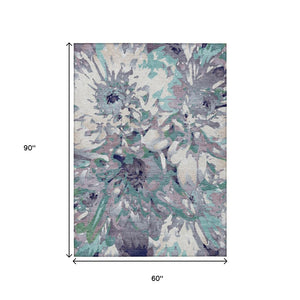 HomeRoots 5' Lavender Gray & Ivory Floral Area Rug - Durable, Washable for Indoor/Outdoor Spaces, Easy Care! 660458