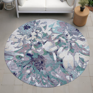 HomeRoots 8' Round Floral Area Rug in Lavender, Gray & Ivory - Washable, Durable for Indoor & Outdoor Use 660459