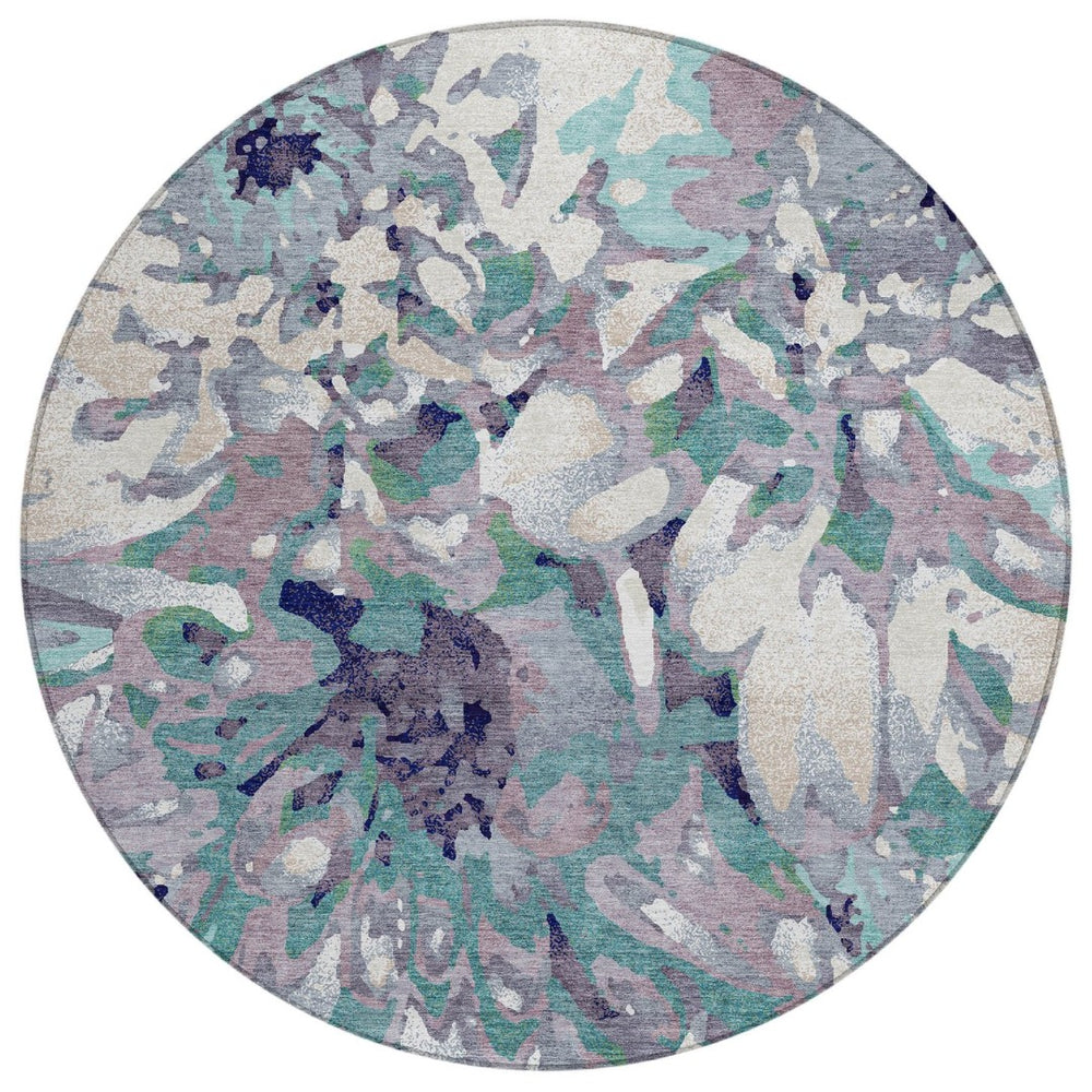 HomeRoots 8' Round Floral Area Rug in Lavender, Gray & Ivory - Washable, Durable for Indoor & Outdoor Use 660459