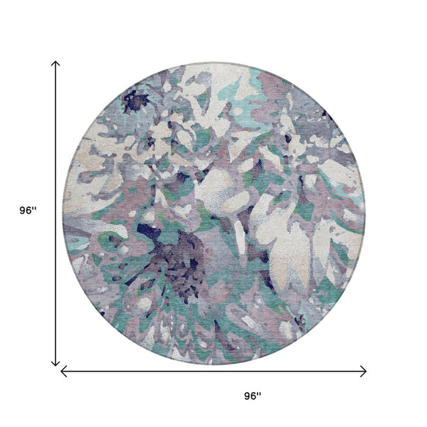 HomeRoots 8' Round Floral Area Rug in Lavender, Gray & Ivory - Washable, Durable for Indoor & Outdoor Use 660459