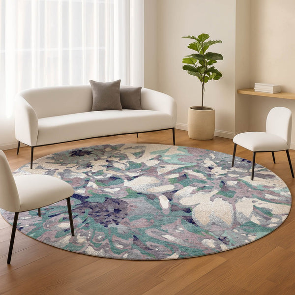 HomeRoots 8' Round Floral Area Rug in Lavender, Gray & Ivory - Washable, Durable for Indoor & Outdoor Use 660459