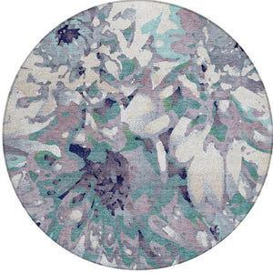 HomeRoots 8' Round Floral Area Rug in Lavender, Gray & Ivory - Washable, Durable for Indoor & Outdoor Use 660459