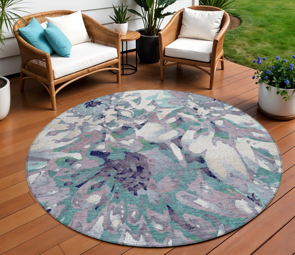 HomeRoots 8' Round Floral Area Rug in Lavender, Gray & Ivory - Washable, Durable for Indoor & Outdoor Use 660459