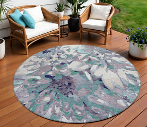 HomeRoots 8' Round Floral Area Rug in Lavender, Gray & Ivory - Washable, Durable for Indoor & Outdoor Use 660459