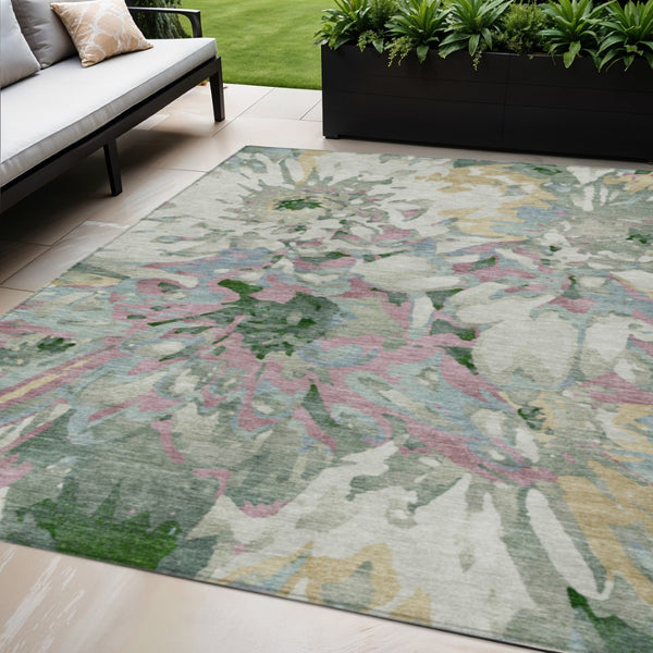 HomeRoots 5' X 8' Elegant Sage Gold & Emerald Floral Area Rug - Indoor/Outdoor, Washable, Durable Design! 660464