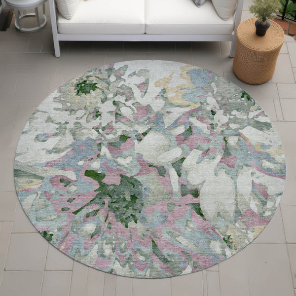 HomeRoots 8' Sage Gold and Emerald Round Floral Rug - Durable, Washable, Stylish for Indoor & Outdoor Living Spaces 660465