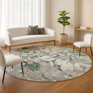 HomeRoots 8' Sage Gold and Emerald Round Floral Rug - Durable, Washable, Stylish for Indoor & Outdoor Living Spaces 660465