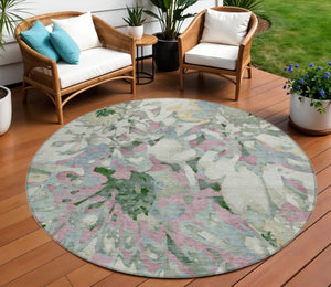 HomeRoots 8' Sage Gold and Emerald Round Floral Rug - Durable, Washable, Stylish for Indoor & Outdoor Living Spaces 660465