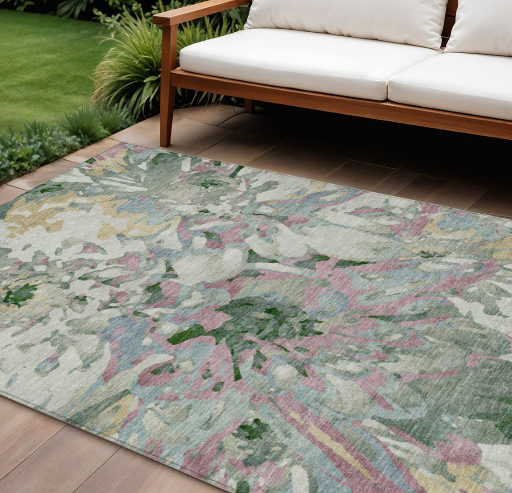 HomeRoots 8' X 10' Sage Gold Emerald Floral Area Rug – Durable, Washable & Versatile for Indoor/Outdoor Spaces 660466