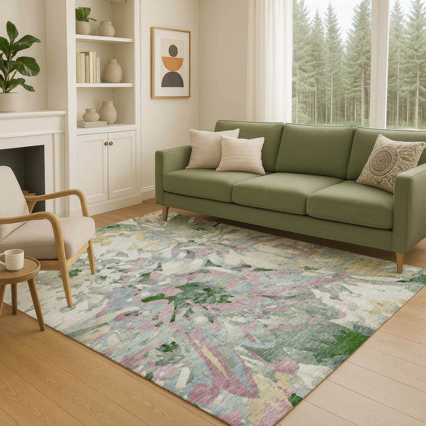 HomeRoots 10' Luxurious Sage Gold & Emerald Floral Washable Area Rug - Perfect for Indoor & Outdoor Spaces! 660468