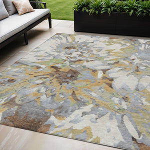HomeRoots 5' X 8' Washable Floral Area Rug in Wheat, Ivory & Gray - Durable, Stylish for Indoor & Outdoor Use 660470