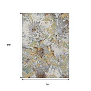 HomeRoots 5' X 8' Washable Floral Area Rug in Wheat, Ivory & Gray - Durable, Stylish for Indoor & Outdoor Use 660470