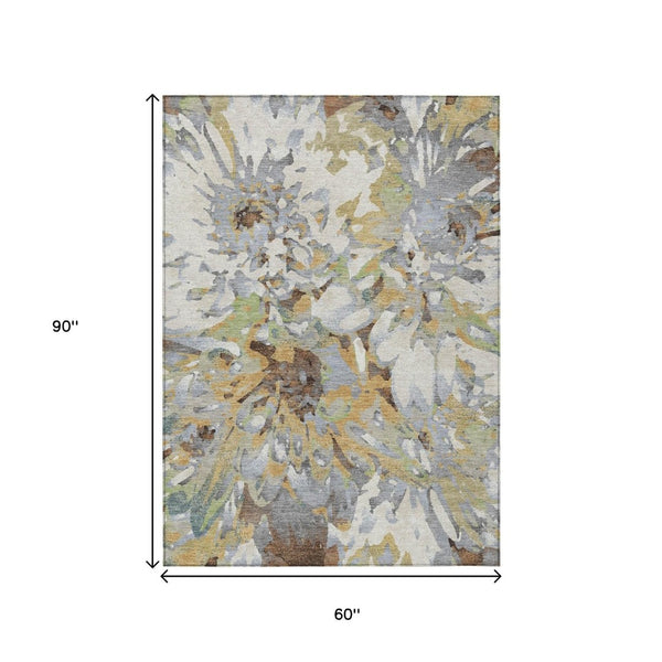 HomeRoots 5' X 8' Washable Floral Area Rug in Wheat, Ivory & Gray - Durable, Stylish for Indoor & Outdoor Use 660470