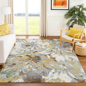 HomeRoots 5' X 8' Washable Floral Area Rug in Wheat, Ivory & Gray - Durable, Stylish for Indoor & Outdoor Use 660470