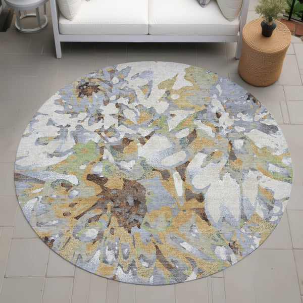 HomeRoots 8' Round Floral Area Rug in Wheat, Ivory & Gray – Washable, Durable for Indoor & Outdoor Use! 660471