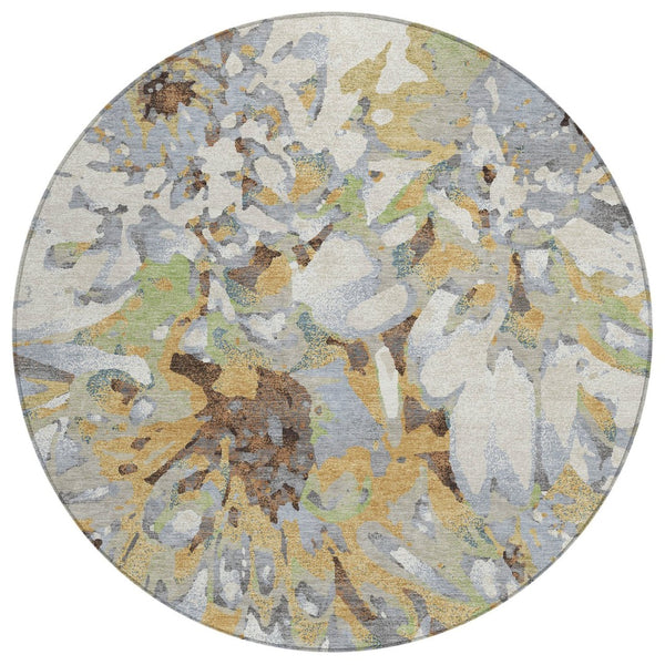 HomeRoots 8' Round Floral Area Rug in Wheat, Ivory & Gray – Washable, Durable for Indoor & Outdoor Use! 660471