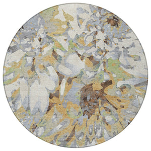HomeRoots 8' Round Floral Area Rug in Wheat, Ivory & Gray – Washable, Durable for Indoor & Outdoor Use! 660471