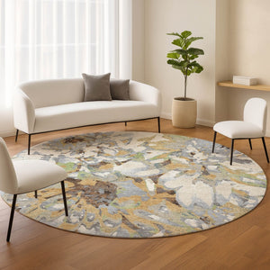 HomeRoots 8' Round Floral Area Rug in Wheat, Ivory & Gray – Washable, Durable for Indoor & Outdoor Use! 660471