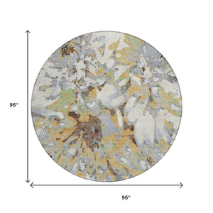 HomeRoots 8' Round Floral Area Rug in Wheat, Ivory & Gray – Washable, Durable for Indoor & Outdoor Use! 660471
