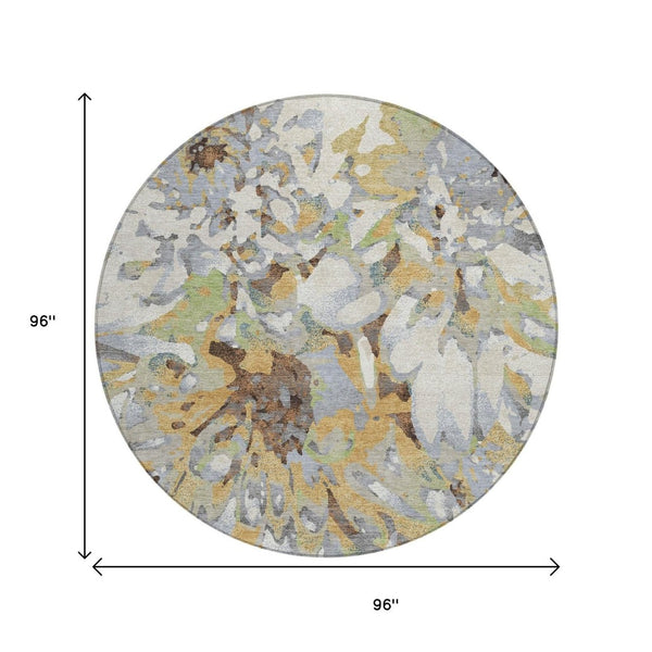 HomeRoots 8' Round Floral Area Rug in Wheat, Ivory & Gray – Washable, Durable for Indoor & Outdoor Use! 660471