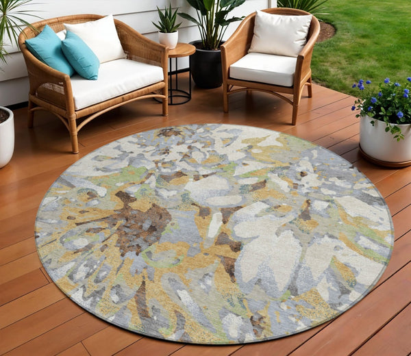 HomeRoots 8' Round Floral Area Rug in Wheat, Ivory & Gray – Washable, Durable for Indoor & Outdoor Use! 660471