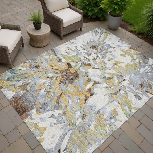 HomeRoots 9' X 12' Floral Washable Area Rug in Wheat, Ivory & Gray – Durable Indoor/Outdoor Charm for All Spaces 660473