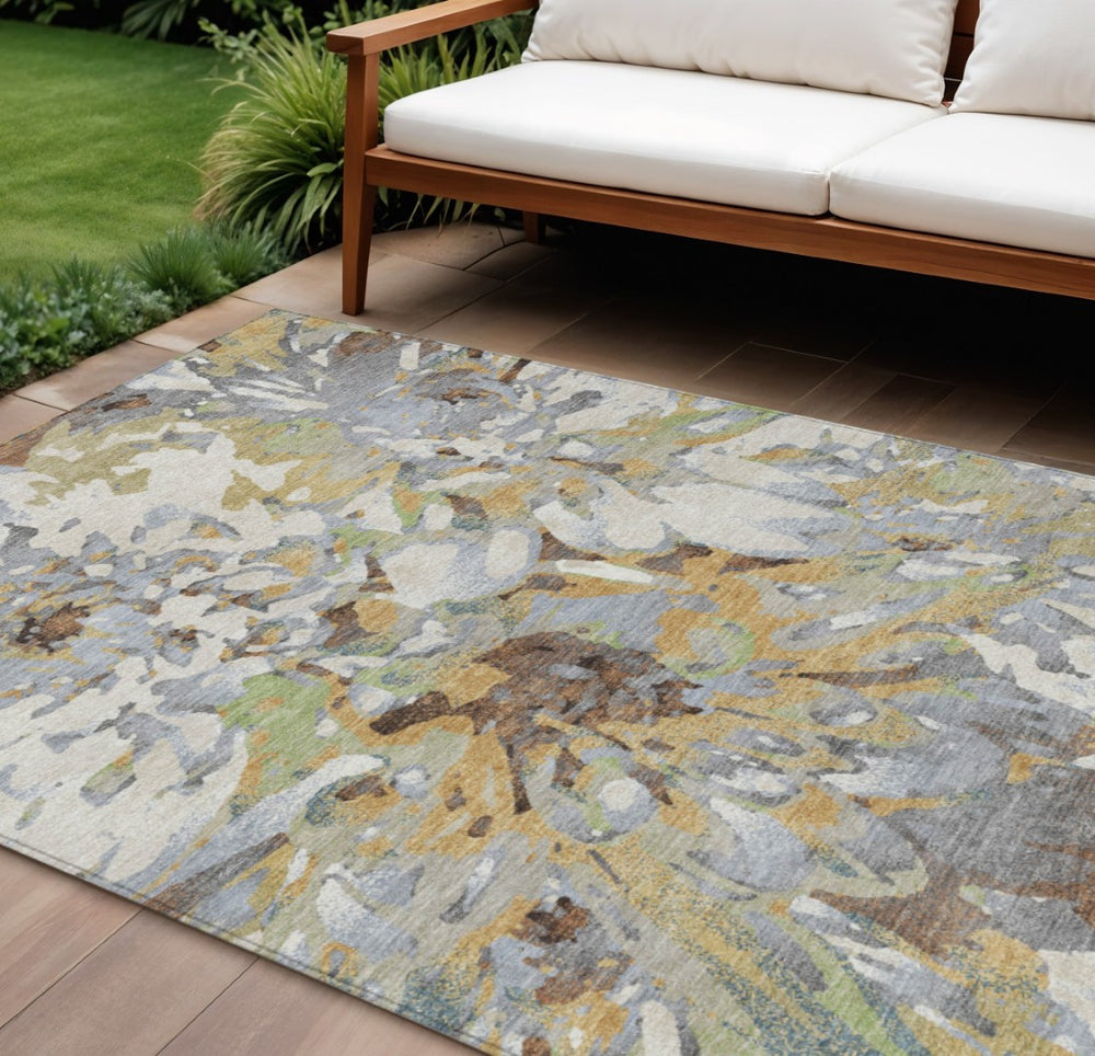 HomeRoots 10' Wheat Ivory and Gray Floral Area Rug - Washable Indoor Outdoor Design for High-Traffic Zones 660474