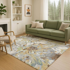 HomeRoots 10' Wheat Ivory and Gray Floral Area Rug - Washable Indoor Outdoor Design for High-Traffic Zones 660474