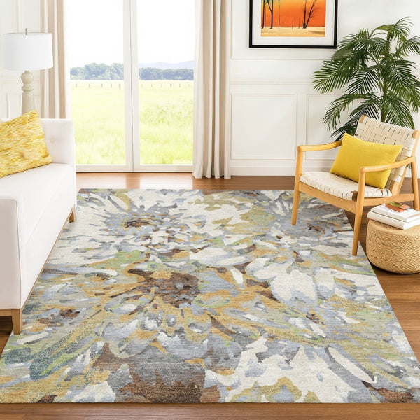 HomeRoots 10' Wheat Ivory and Gray Floral Area Rug - Washable Indoor Outdoor Design for High-Traffic Zones 660474