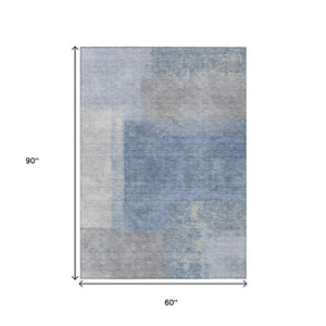 HomeRoots 5' Contemporary Denim Blue, Ivory & Gray Abstract Washable Area Rug for Indoor/Outdoor Use 660488