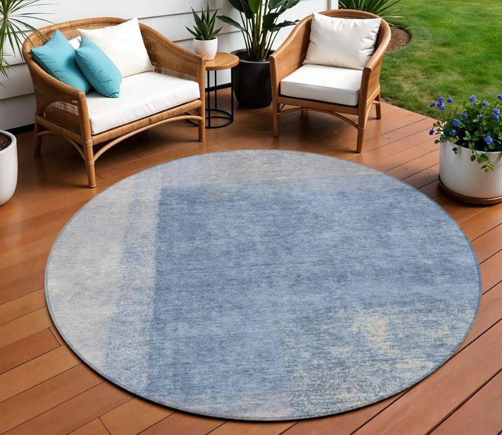 HomeRoots 8' Round Abstract Area Rug in Denim Blue, Ivory & Gray - Durable, Washable, Indoor & Outdoor Use 660489