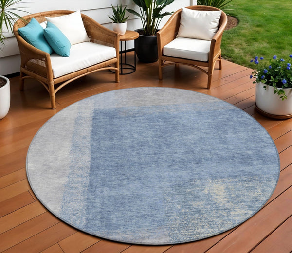 HomeRoots 8' Round Abstract Area Rug in Denim Blue, Ivory & Gray - Durable, Washable, Indoor & Outdoor Use 660489