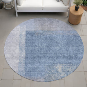 HomeRoots 8' Round Abstract Area Rug in Denim Blue, Ivory & Gray - Durable, Washable, Indoor & Outdoor Use 660489