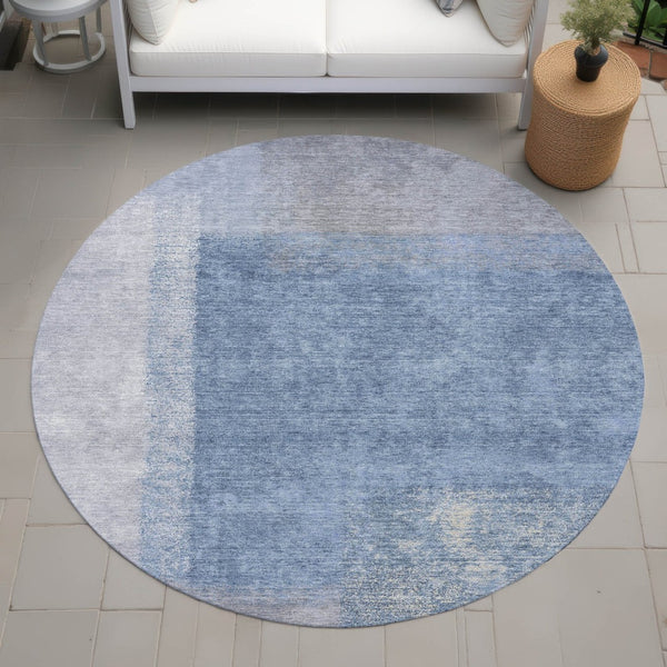 HomeRoots 8' Round Abstract Area Rug in Denim Blue, Ivory & Gray - Durable, Washable, Indoor & Outdoor Use 660489