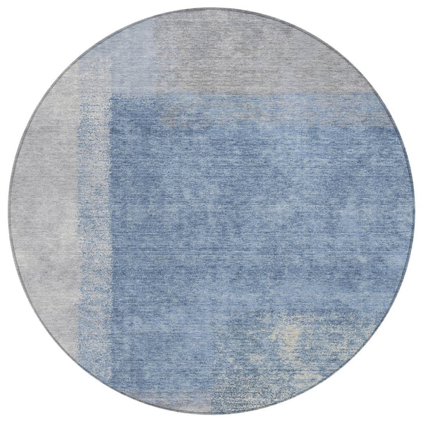 HomeRoots 8' Round Abstract Area Rug in Denim Blue, Ivory & Gray - Durable, Washable, Indoor & Outdoor Use 660489