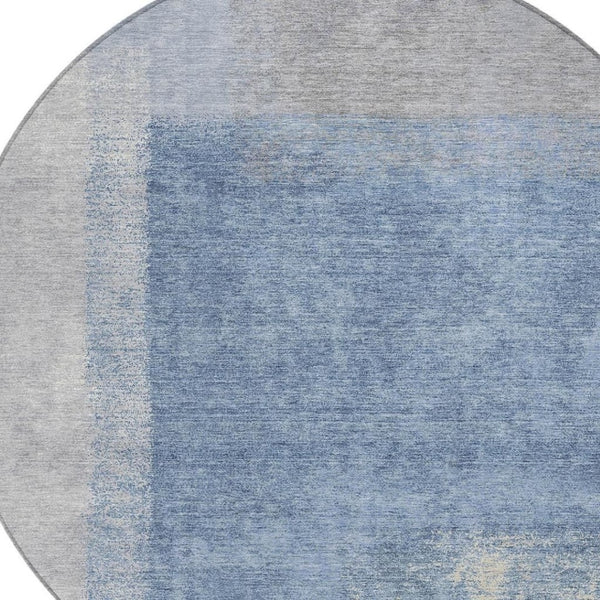 HomeRoots 8' Round Abstract Area Rug in Denim Blue, Ivory & Gray - Durable, Washable, Indoor & Outdoor Use 660489