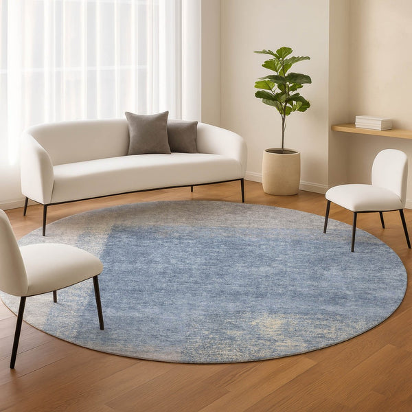 HomeRoots 8' Round Abstract Area Rug in Denim Blue, Ivory & Gray - Durable, Washable, Indoor & Outdoor Use 660489
