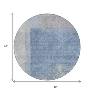 HomeRoots 8' Round Abstract Area Rug in Denim Blue, Ivory & Gray - Durable, Washable, Indoor & Outdoor Use 660489