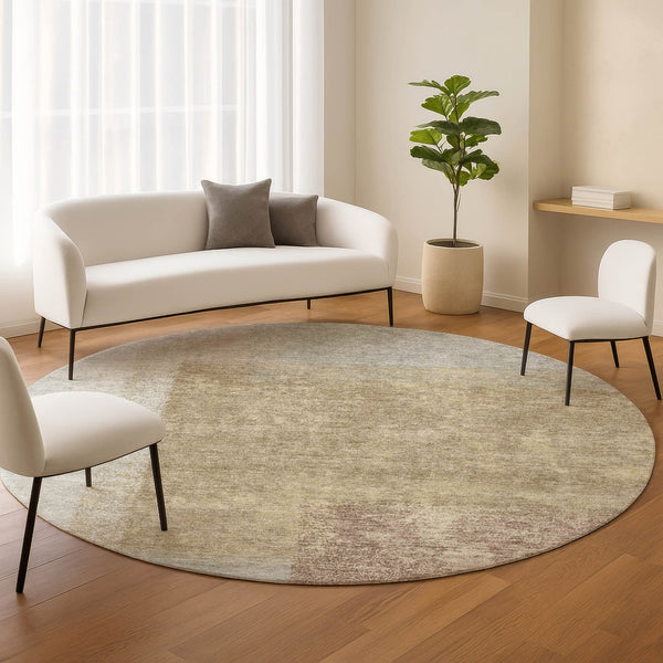 HomeRoots 8' Modern Gold, Ivory & Gray Round Abstract Washable Area Rug for Indoor/Outdoor Elegance & Durability 660495