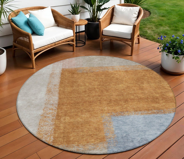 HomeRoots 8' Round Abstract Area Rug in Rust, Ivory & Blue – Durable, Washable Design for Indoor & Outdoor Use 660501