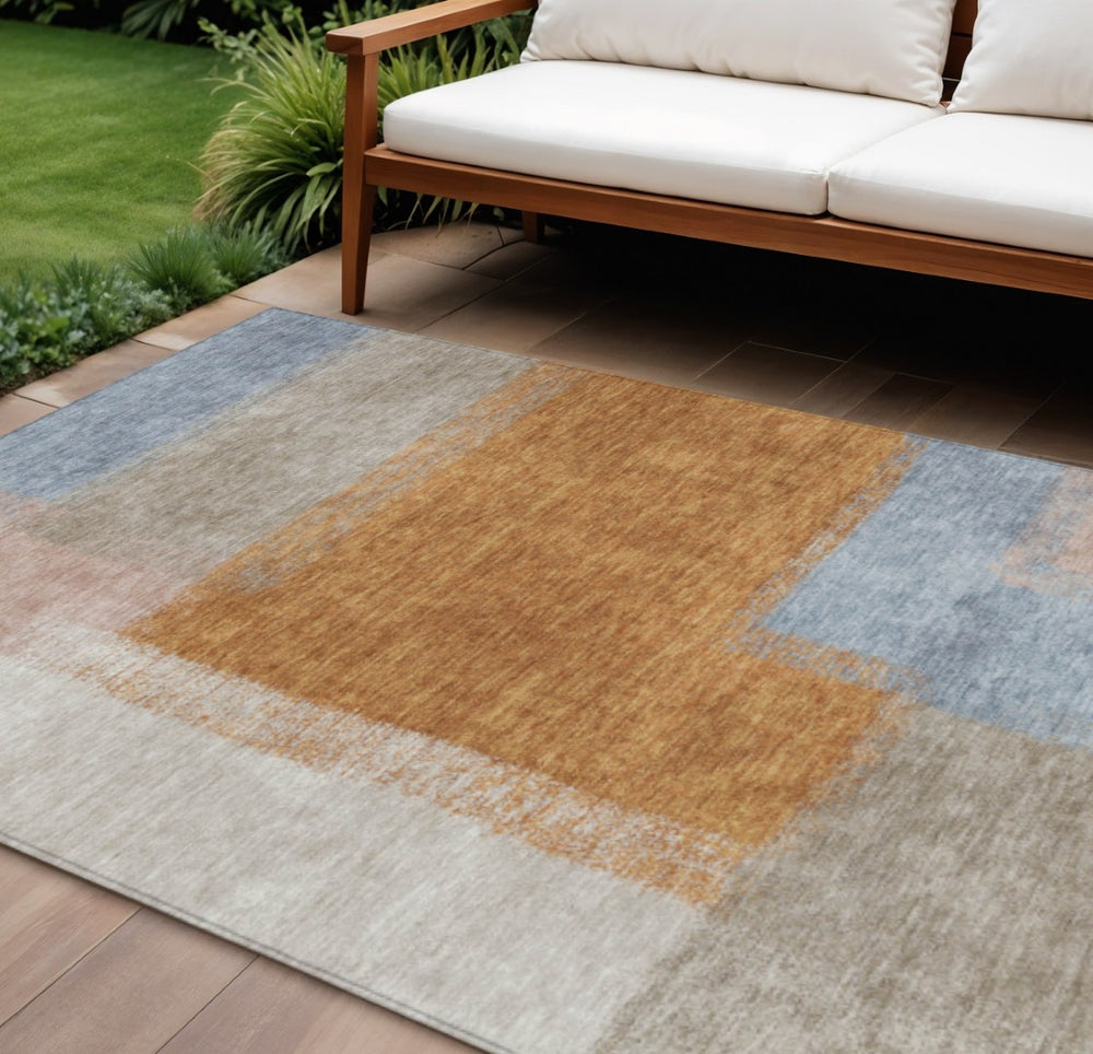 HomeRoots 10' X 14' Contemporary Rust Ivory Blue Abstract Washable Area Rug for Indoor & Outdoor Spaces 660504