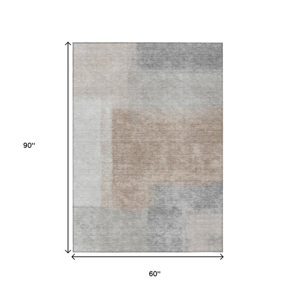 HomeRoots 5' X 8' Modern Abstract Taupe Ivory Gray Area Rug - Washable, Durable Indoor Outdoor Style Upgrade 660506