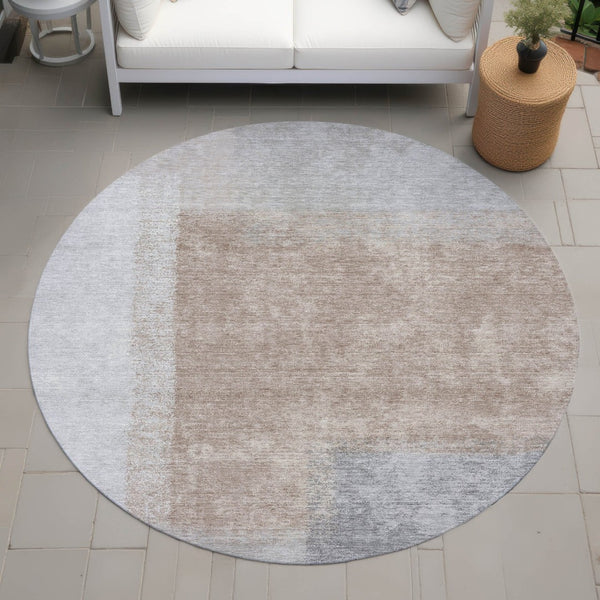 HomeRoots 8' Round Abstract Area Rug in Taupe, Ivory & Gray - Washable, Durable for Indoor & Outdoor Spaces 660507